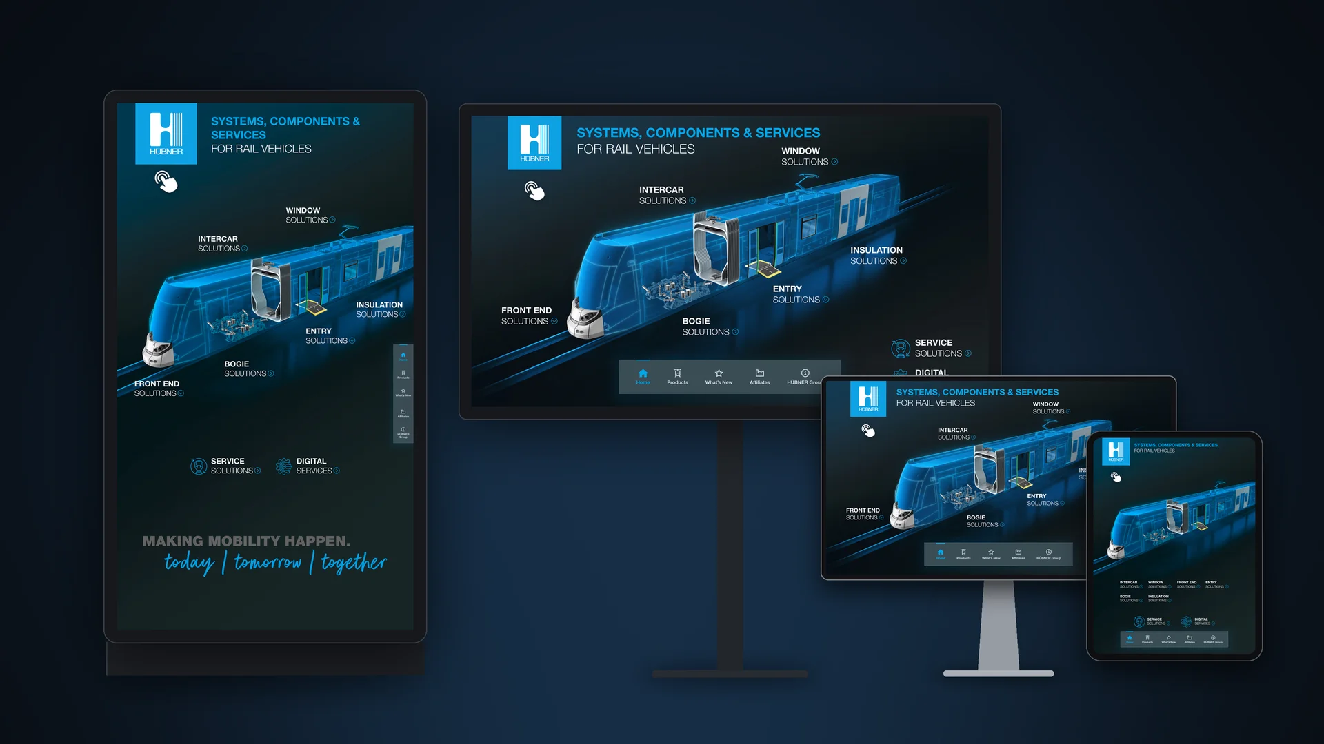 HÜBNER Group - Responsive Mockup: 4K Portrait Stele, 4K Landscape Display, Desktop and Tablet