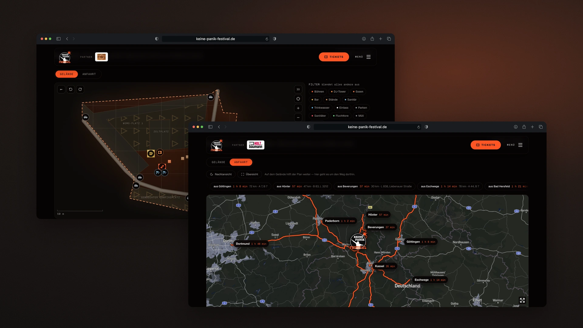 Keine Panik Festival - Desktop Site Plan in Both Views: the Grounds and the Directions with Routes from the Region