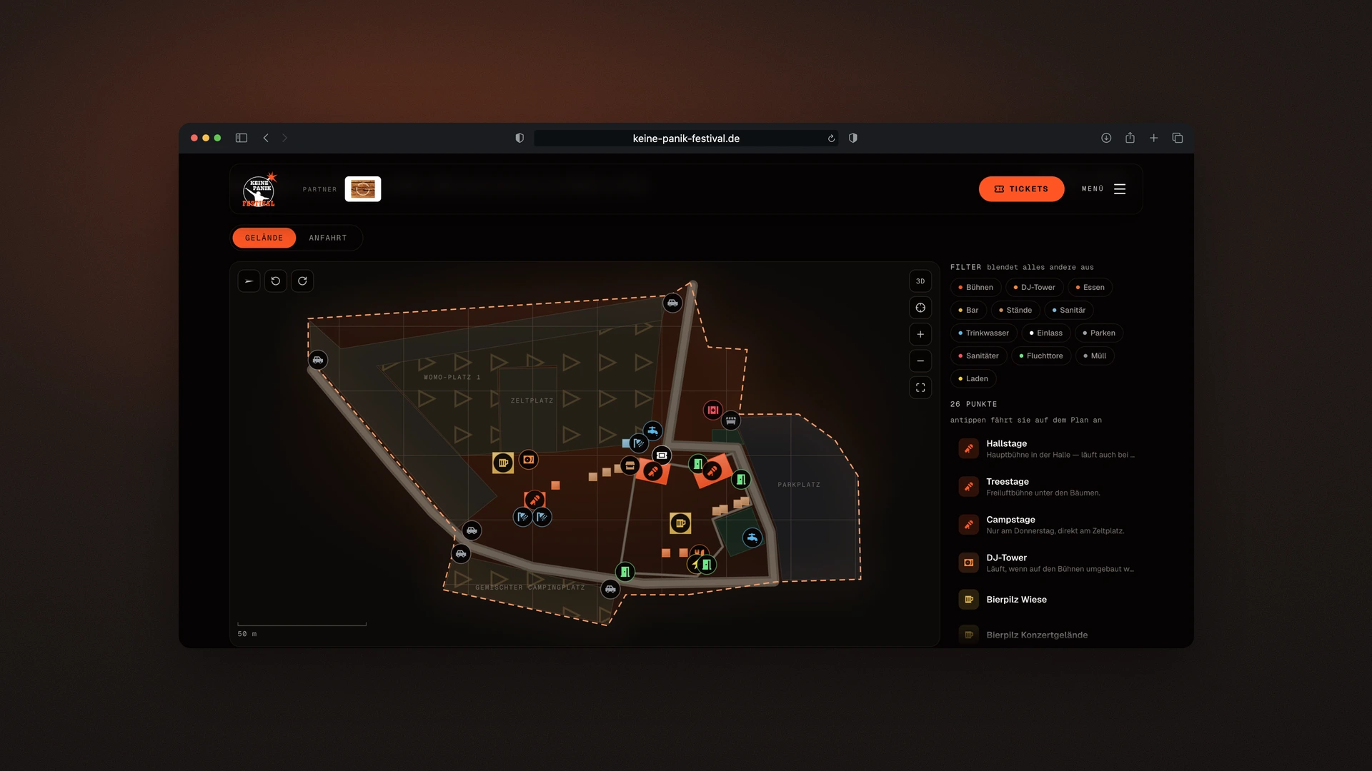 Keine Panik Festival - Desktop Site Plan on a Mapbox Map with Filters and Points