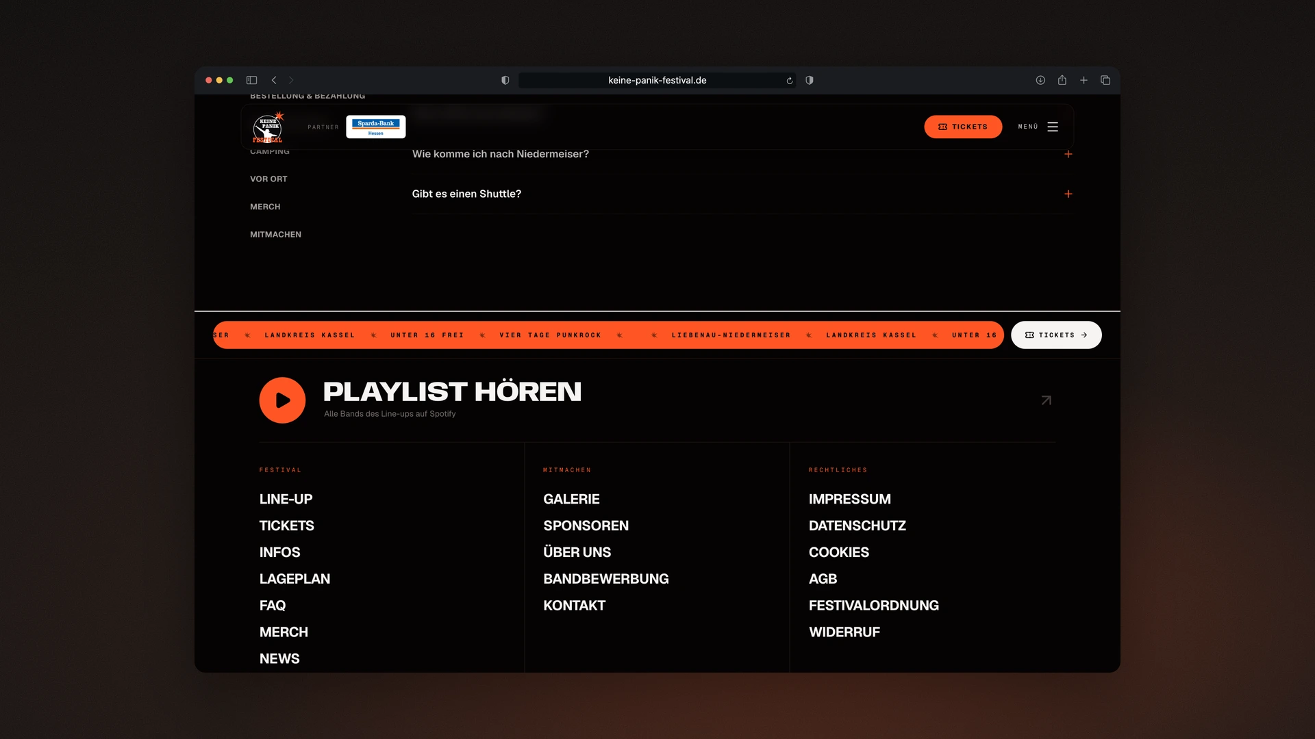 Keine Panik Festival - Desktop Footer from the Playlist and the Navigation down to the Wordmark, Which Burns Down Like a Fuse