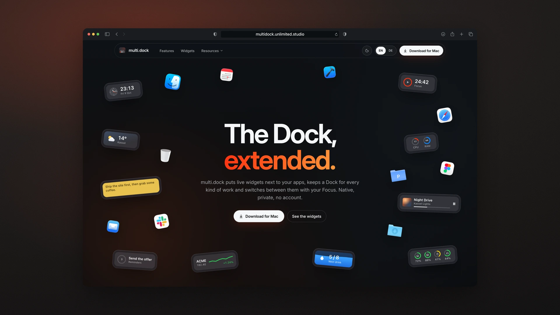 multi.dock - Desktop Product Site Hero with Floating Widgets and App Icons