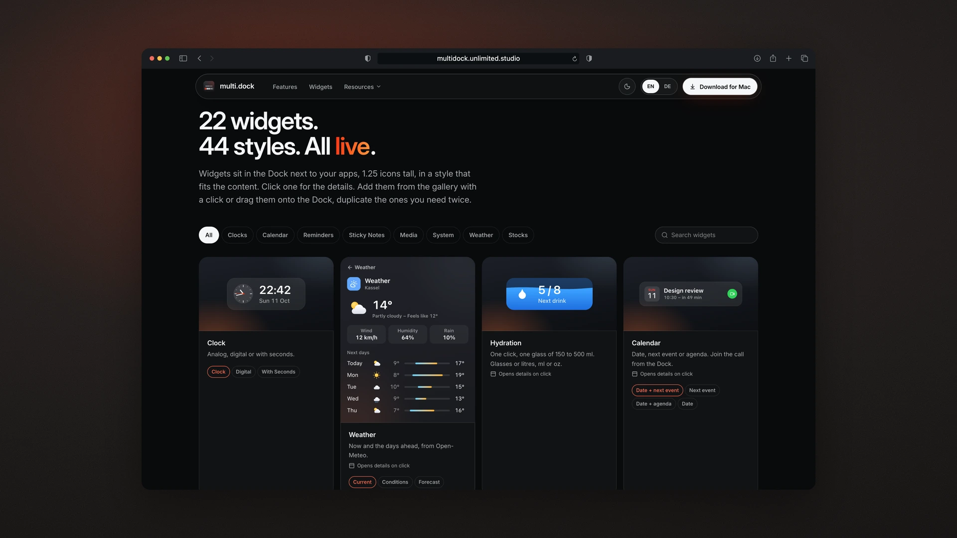 multi.dock - Desktop Widget Gallery with the Weather Details Open