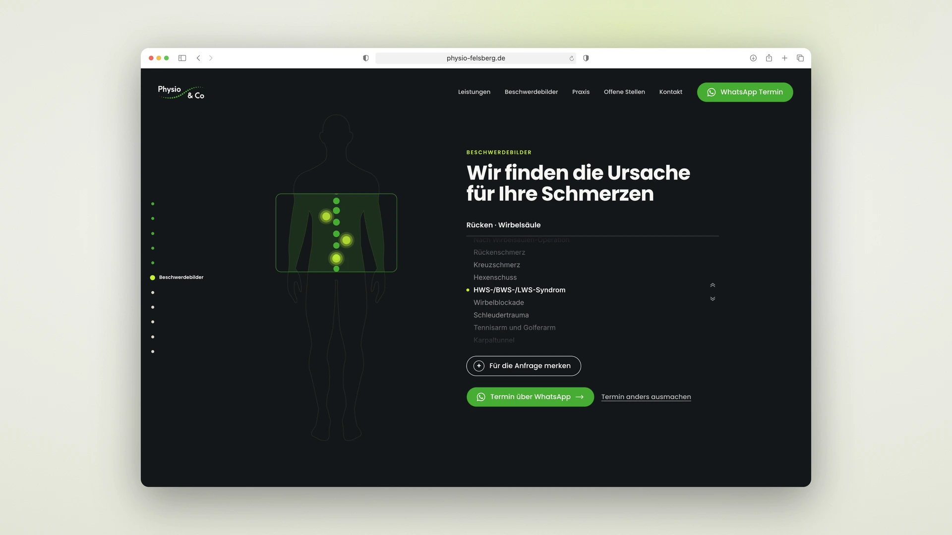 Physio & Co Felsberg - Desktop Complaint Scanner with Body Figure and Region List
