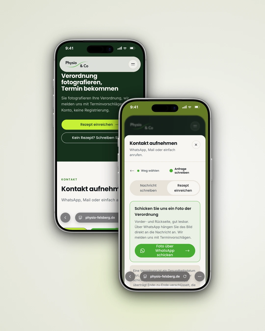 Physio & Co Felsberg - Mobile Contact Section and Prescription Upload Flow