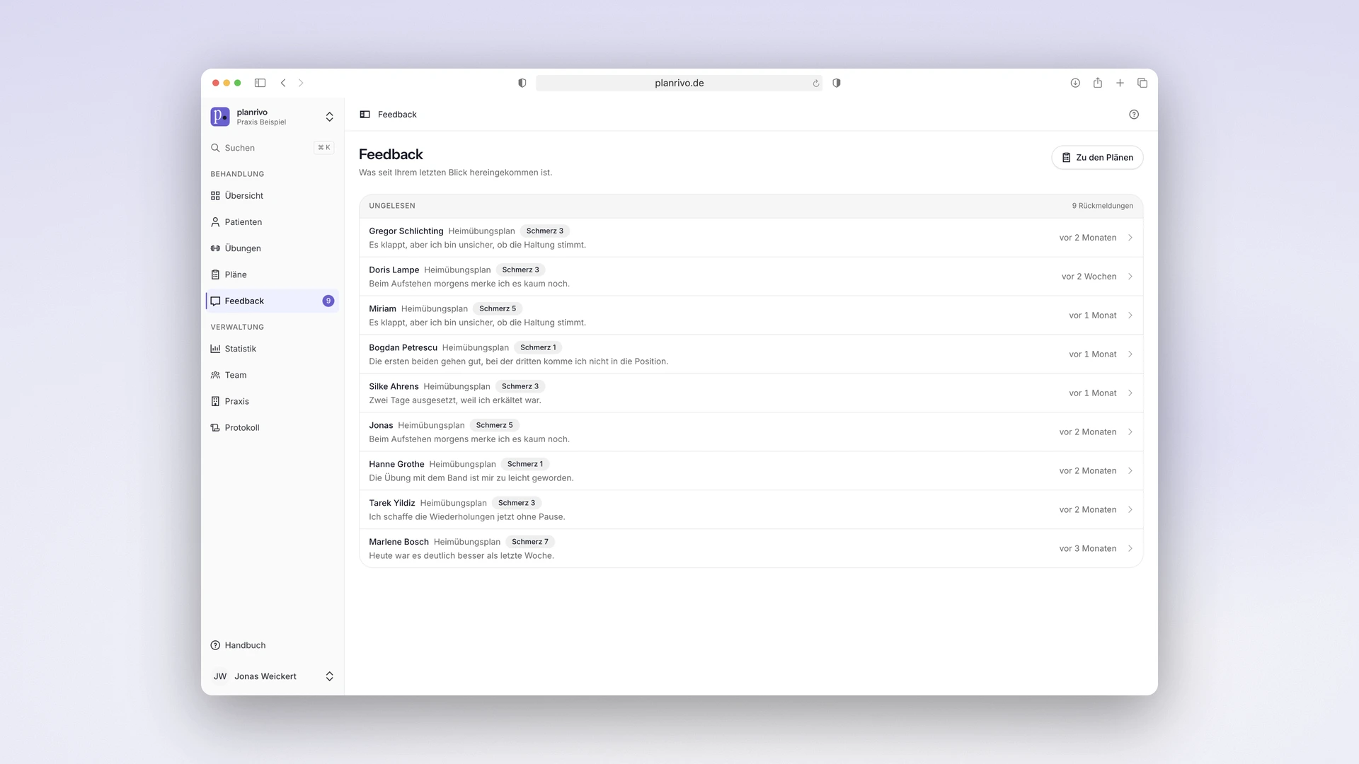 planrivo - Desktop Feedback Inbox with Pain Scores from Patients