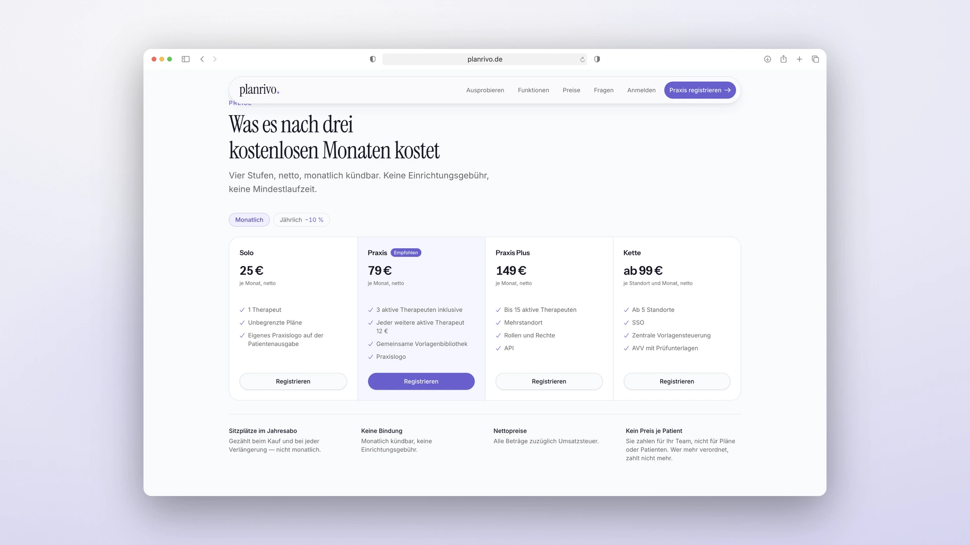 planrivo - Desktop Pricing Section with Four Tiers after the Free Pilot Phase