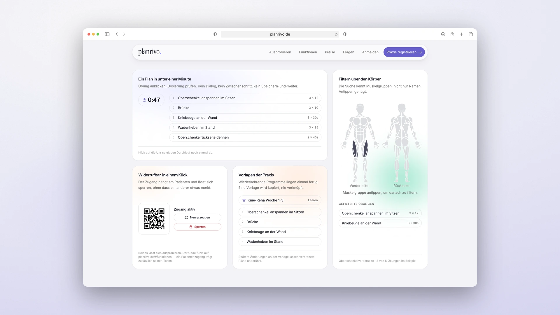 planrivo - Desktop Features Bento: Plan in Under a Minute, Muscle Map Filter, Revocable Access and Practice Templates