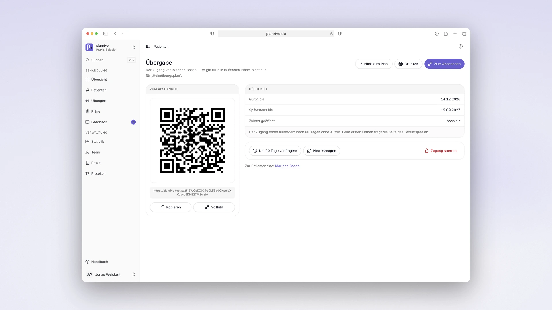 planrivo - Desktop Handover Page with QR Code, Validity and Access Controls
