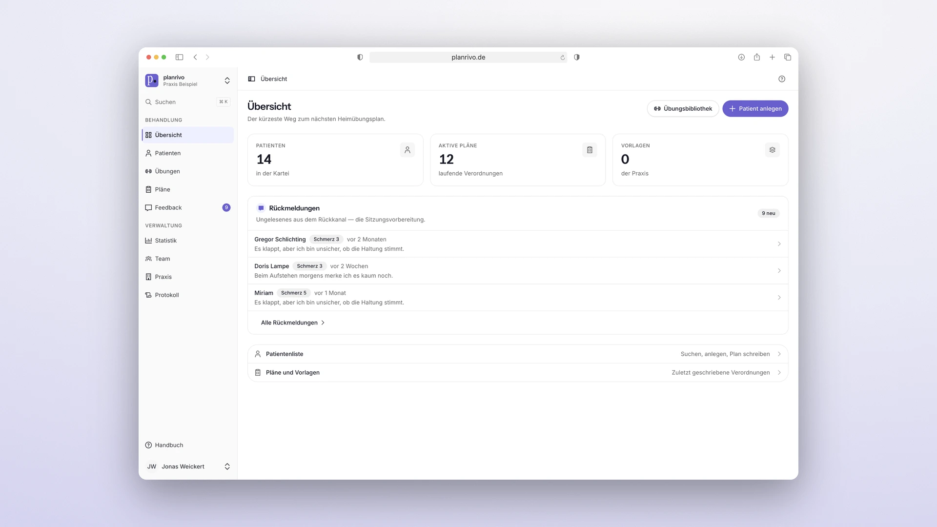 planrivo - Desktop Dashboard with Patients, Active Plans and Feedback