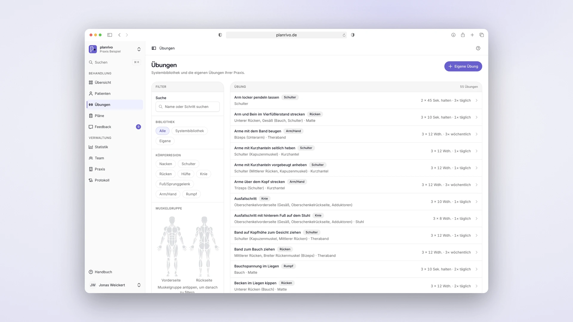 planrivo - Desktop Exercise Library with Region Filters and Muscle Map