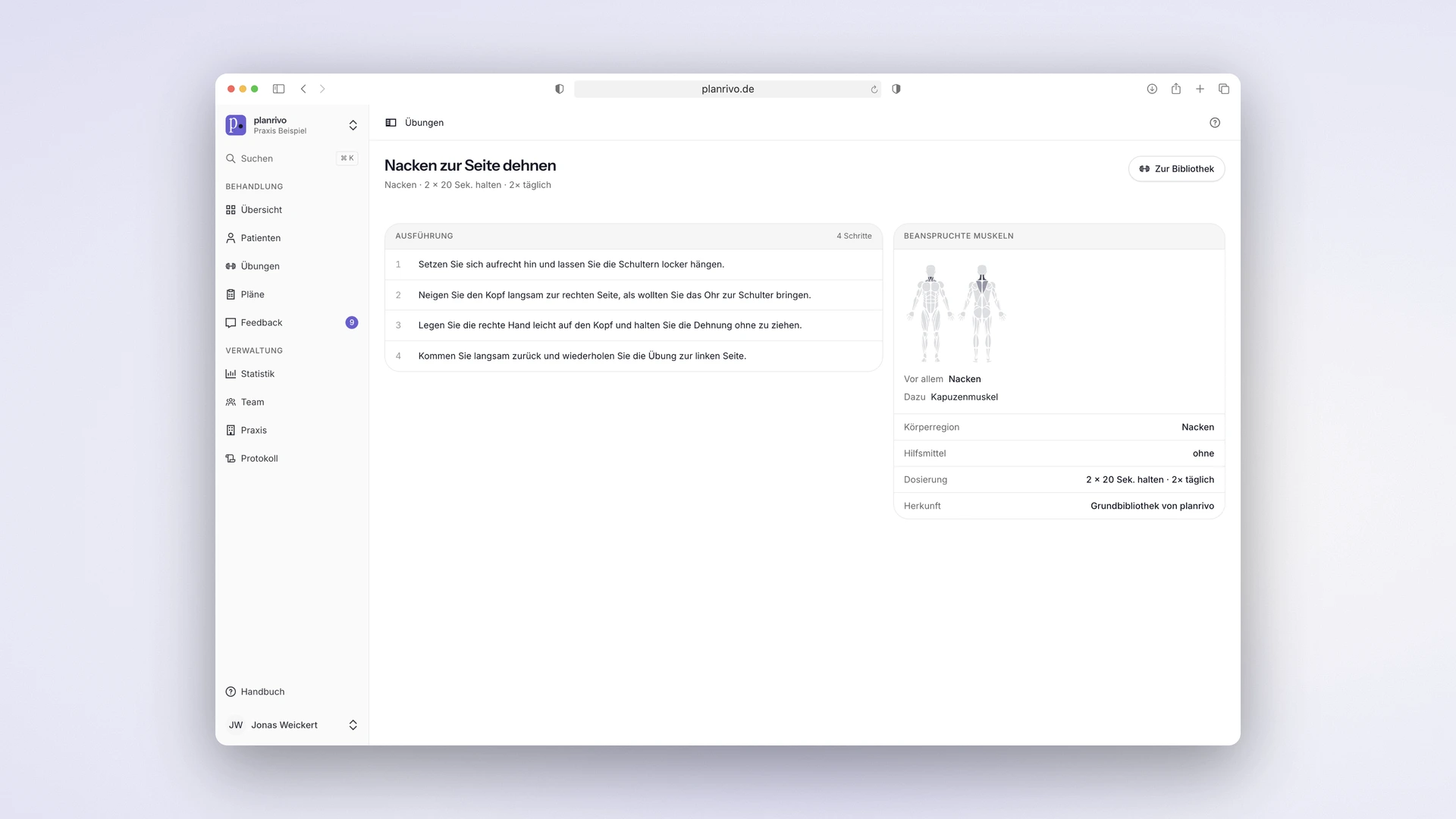 planrivo - Desktop Exercise Detail with Steps, Body Figure and Dosage