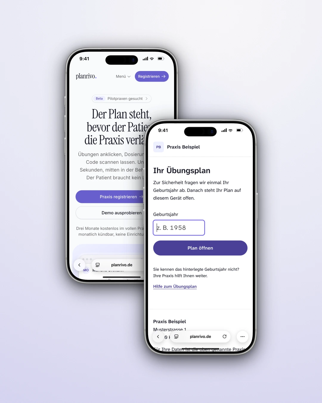 planrivo - Mobile Landing Page and the Patient Gate Asking for the Year of Birth
