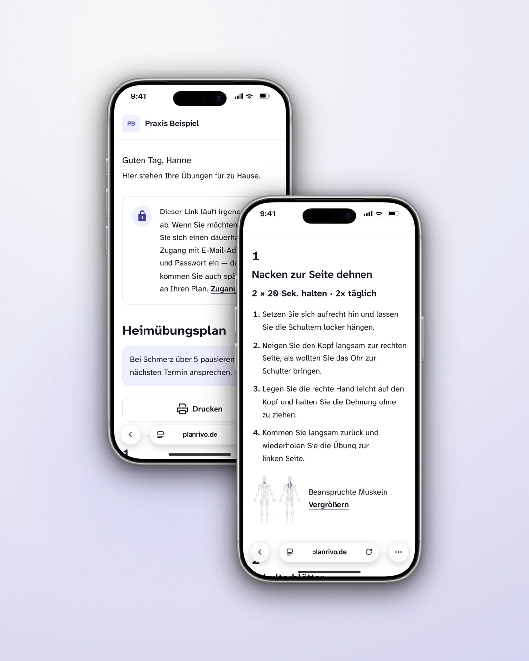 planrivo - Mobile Patient Portal with the Exercise Plan and an Exercise Detail