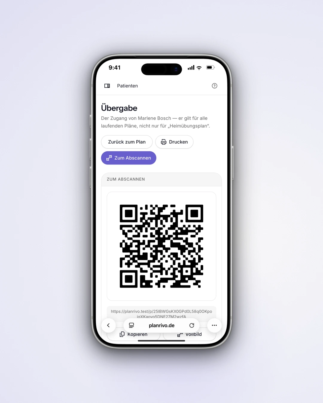 planrivo - Mobile Handover Page with the QR Code