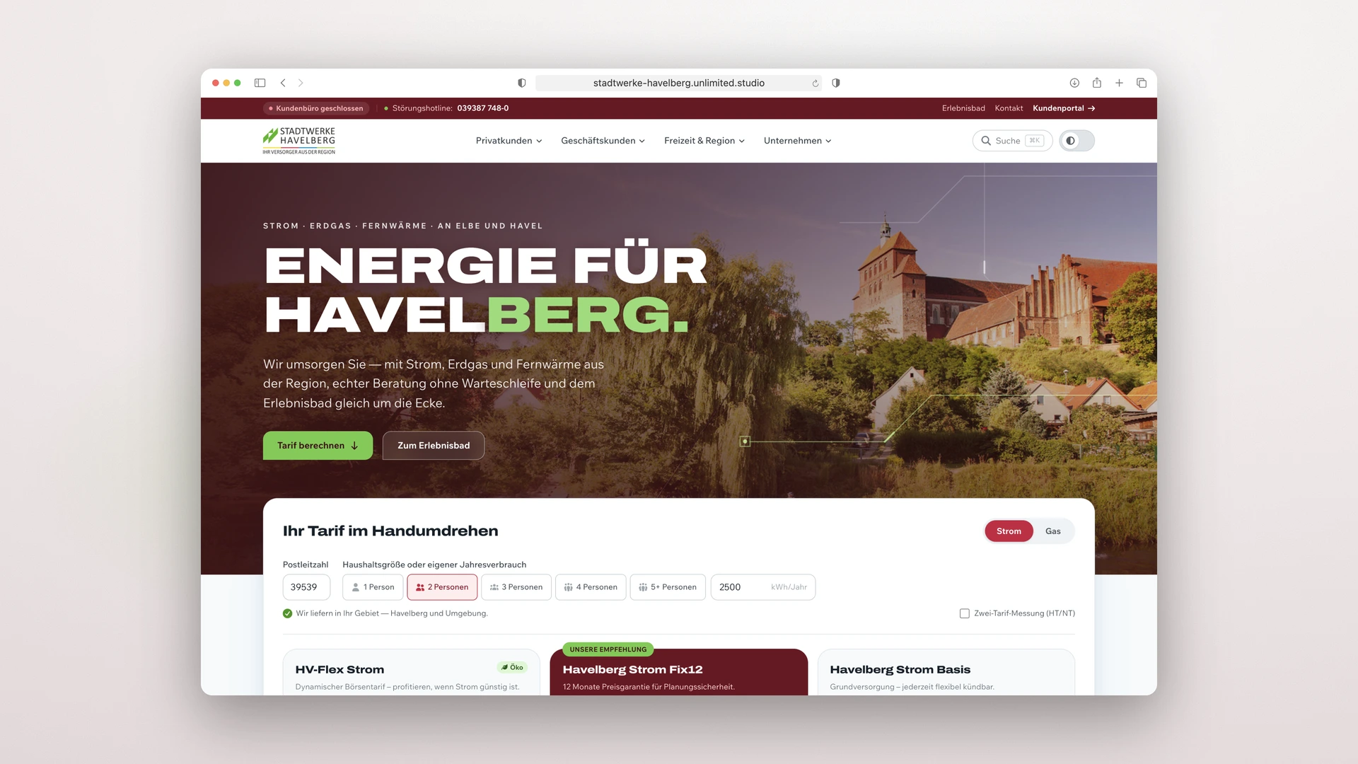 Stadtwerke Havelberg - Desktop Hero with Energy Lines over the Town Photo and the Tariff Calculator