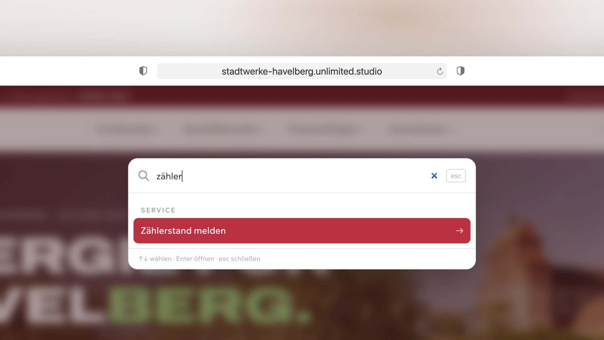 Stadtwerke Havelberg - Desktop Command-K Search Overlay Finding the Meter Reading Service for a Misspelled Query