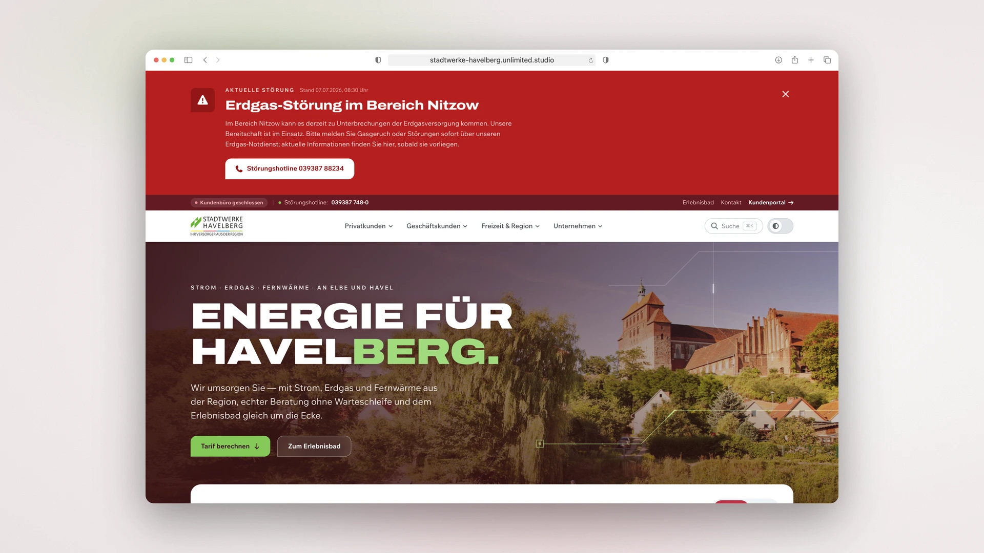 Stadtwerke Havelberg - Desktop Outage Overlay Switched On Above the Homepage