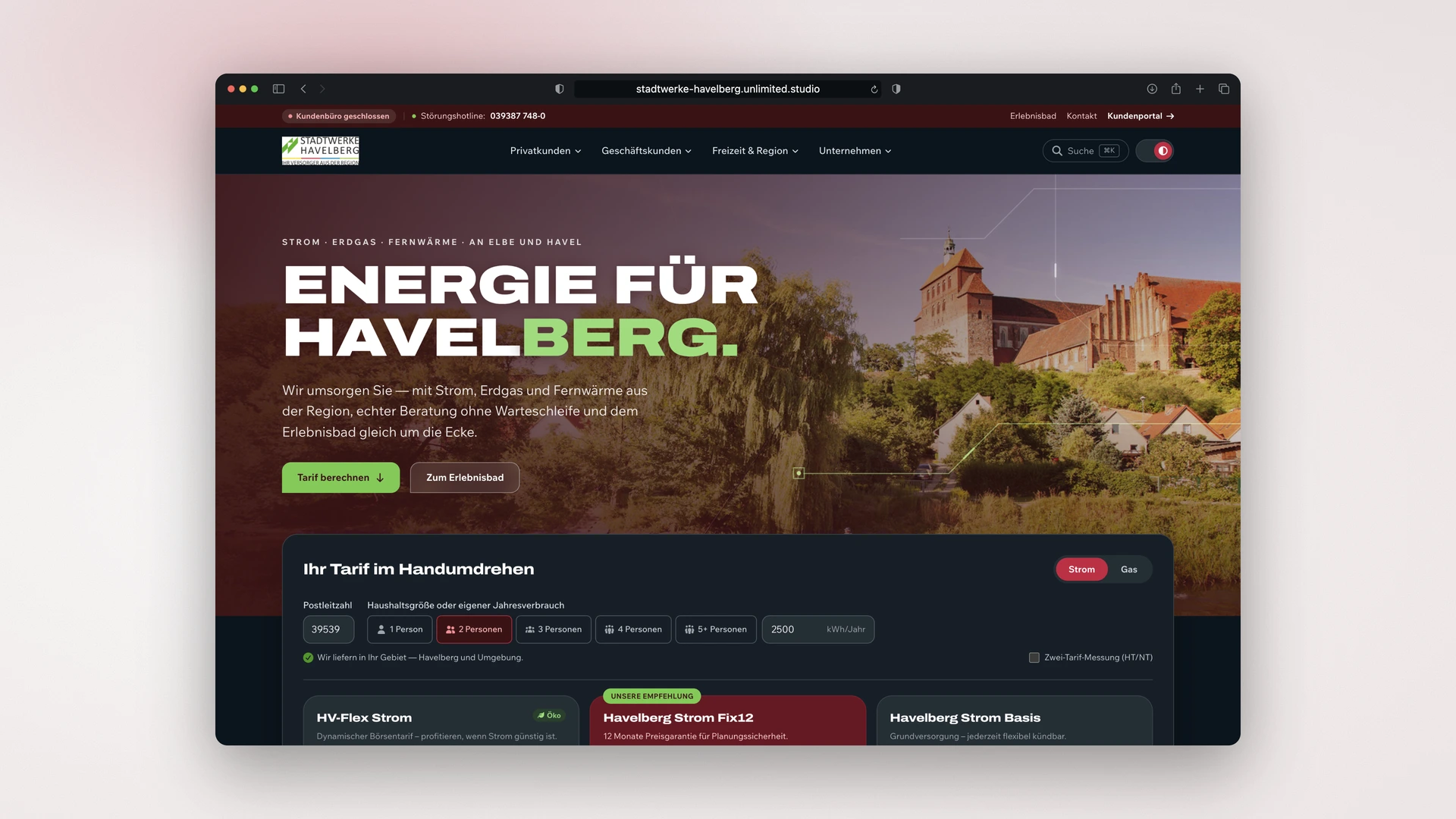 Stadtwerke Havelberg - Desktop Homepage in Dark Mode