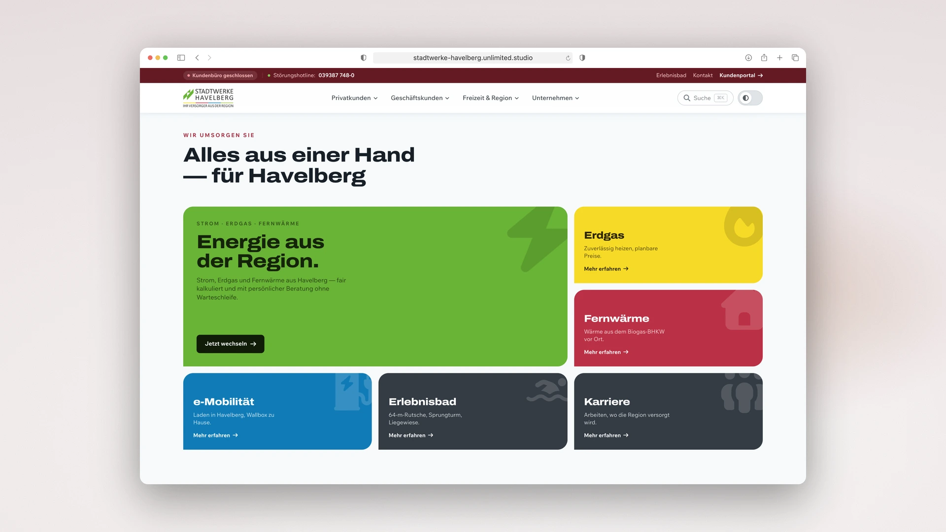 Stadtwerke Havelberg - Desktop Product Worlds: Electricity, Gas, District Heating, E-Mobility, Leisure Pool, Careers
