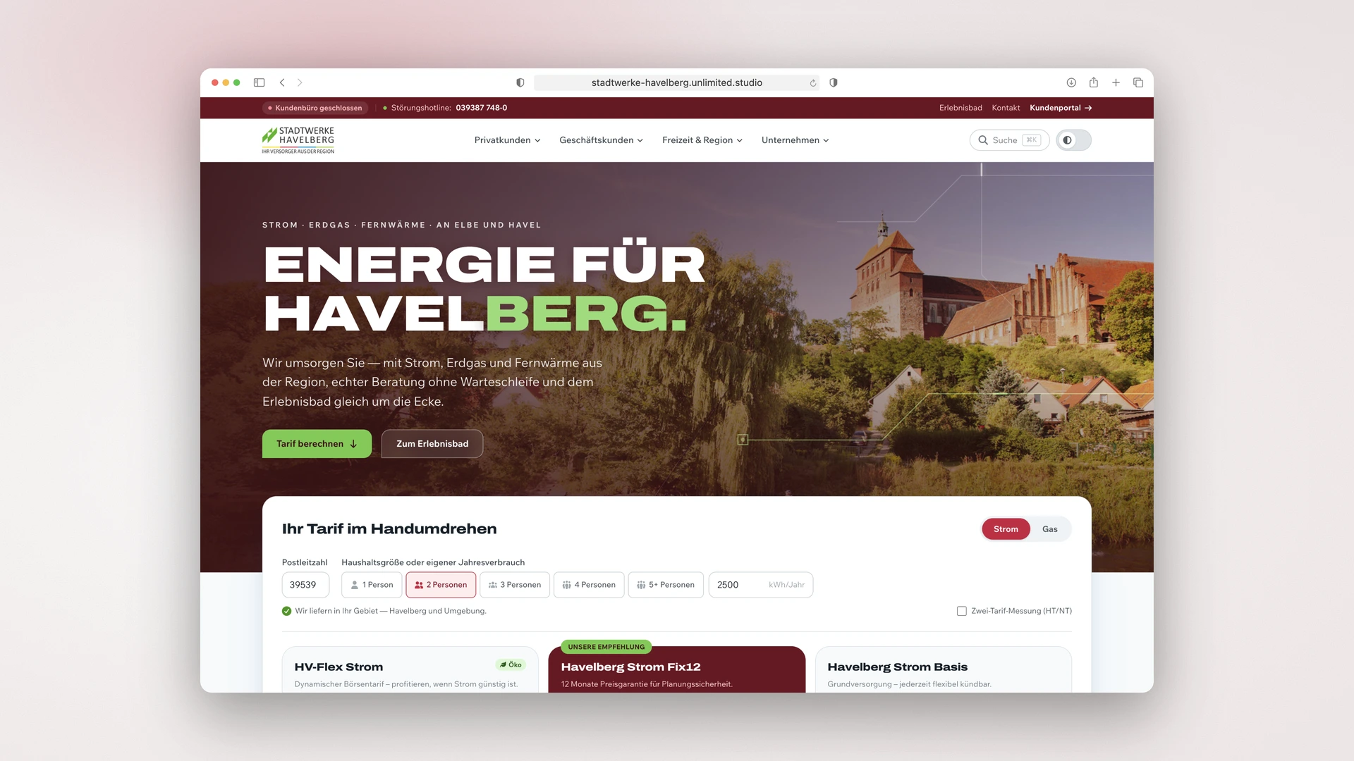 Stadtwerke Havelberg - Desktop Homepage Scroll-Through with Reveals and Dark Mode Toggle