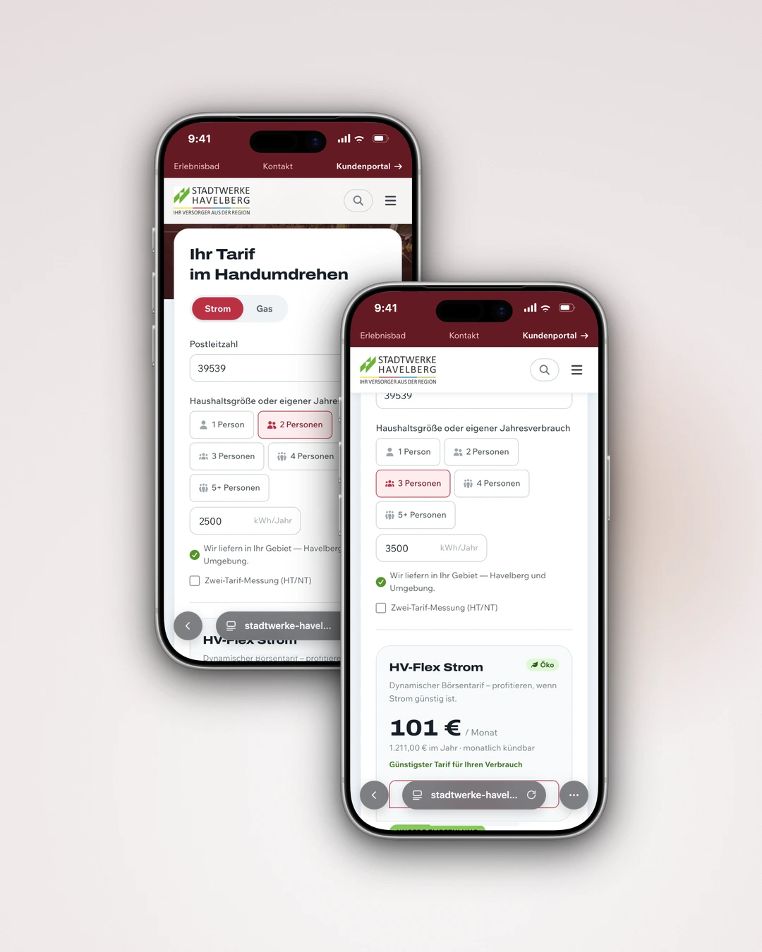 Stadtwerke Havelberg - Mobile Tariff Calculator with Household Presets and Computed Monthly Price
