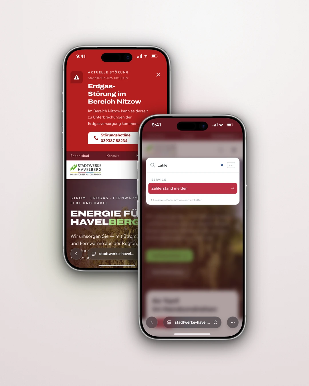 Stadtwerke Havelberg - Mobile Outage Overlay with Hotline and Mobile Search Overlay