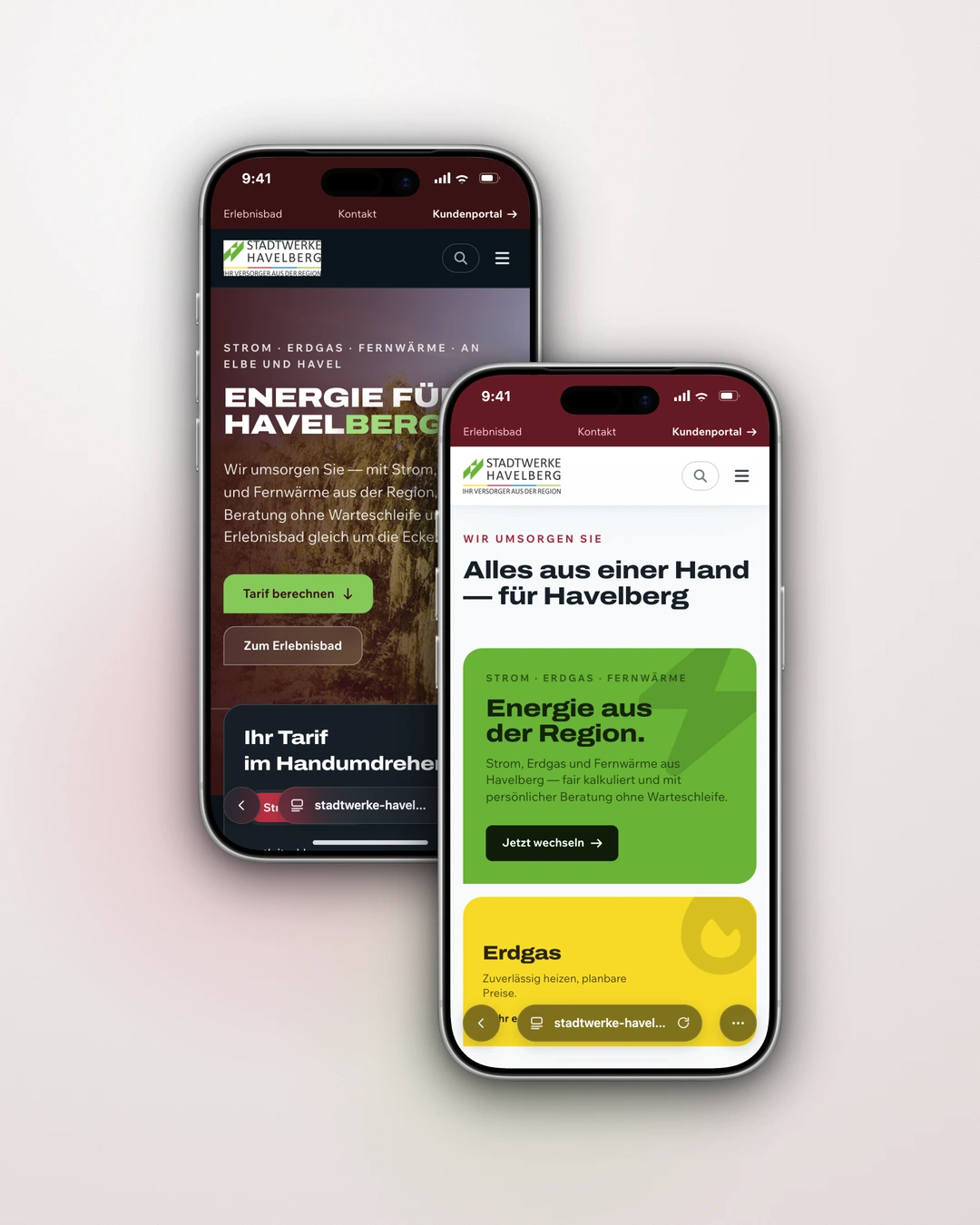 Stadtwerke Havelberg - Mobile Dark Mode Homepage and Product Worlds Tiles