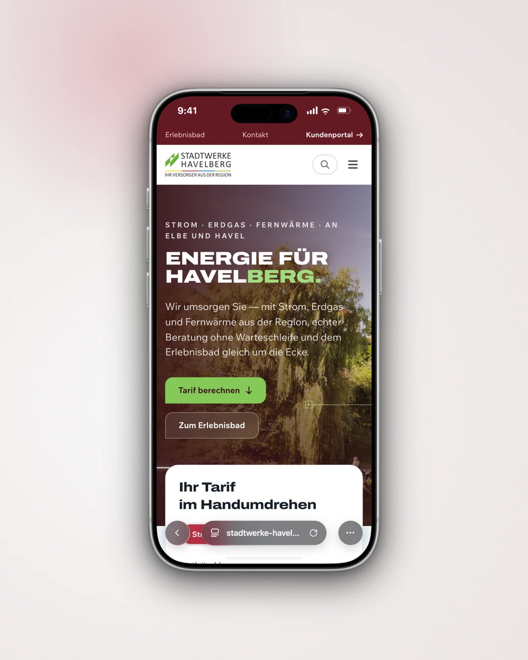 Stadtwerke Havelberg - Mobile Menu with Accordion Sections and Tariff Calculator