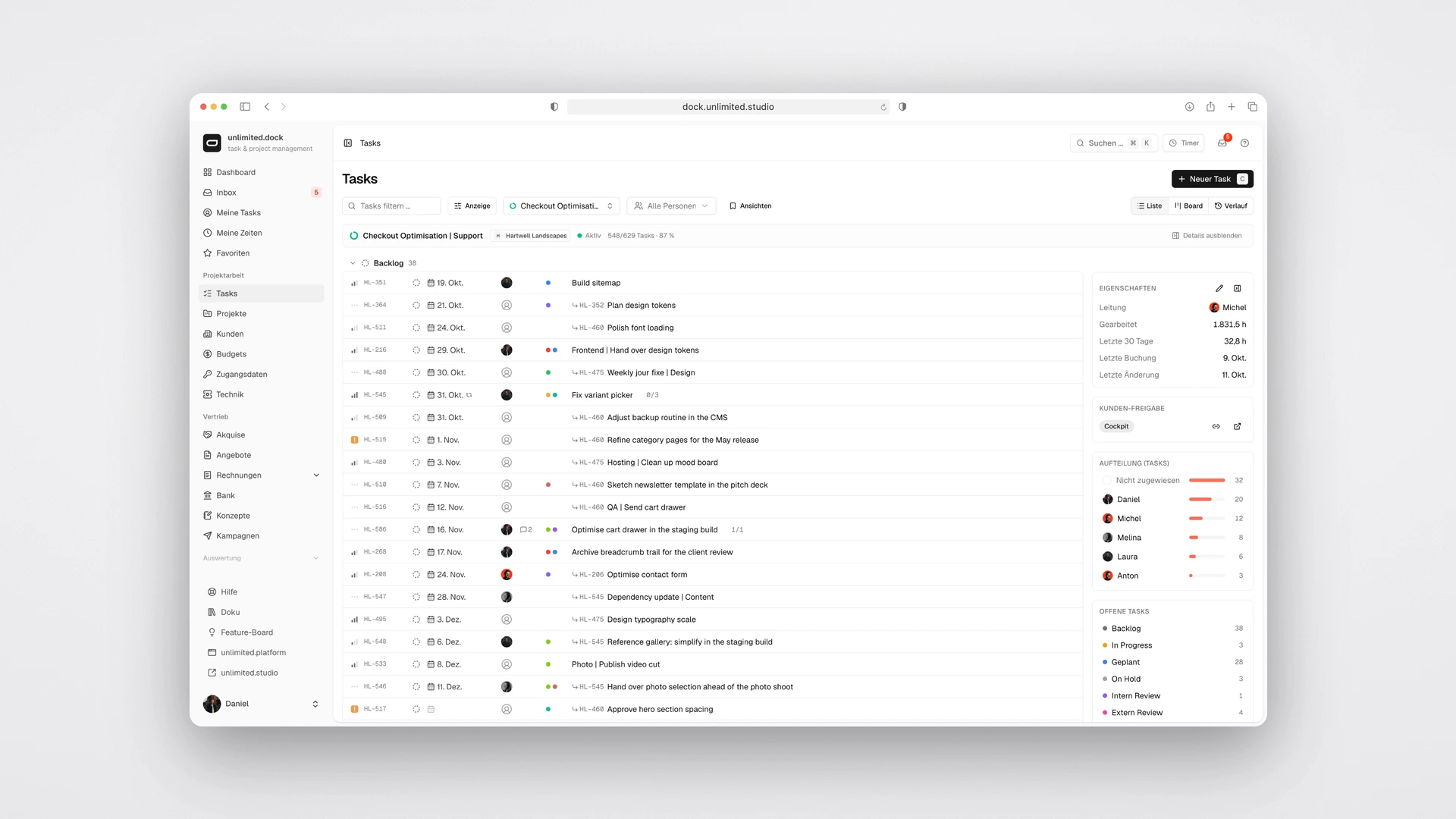 unlimited.dock - Task List with Status Groups and Project Properties