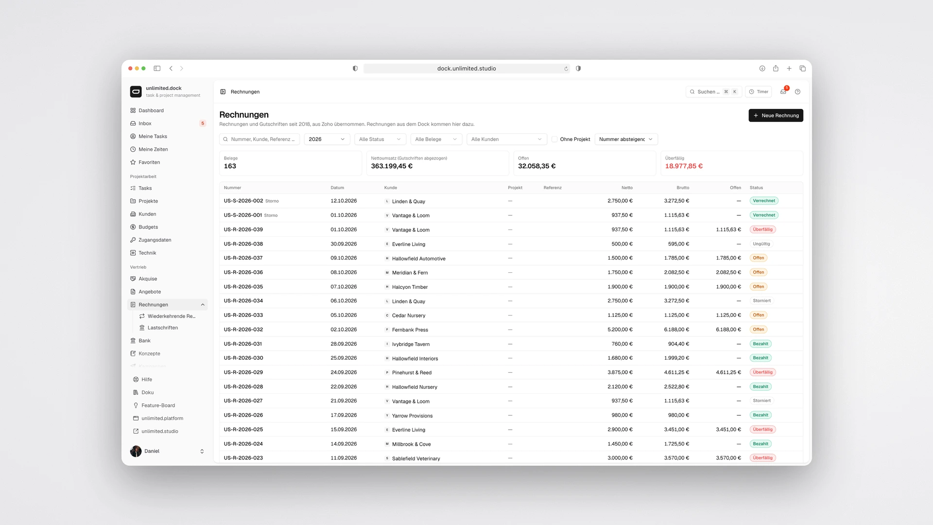 unlimited.dock - Invoice List with Numbers, Status and Open Amounts