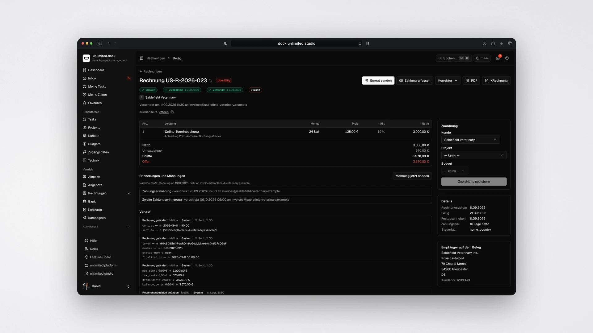 unlimited.dock - Invoice Detail with Payment Reminders and Change History