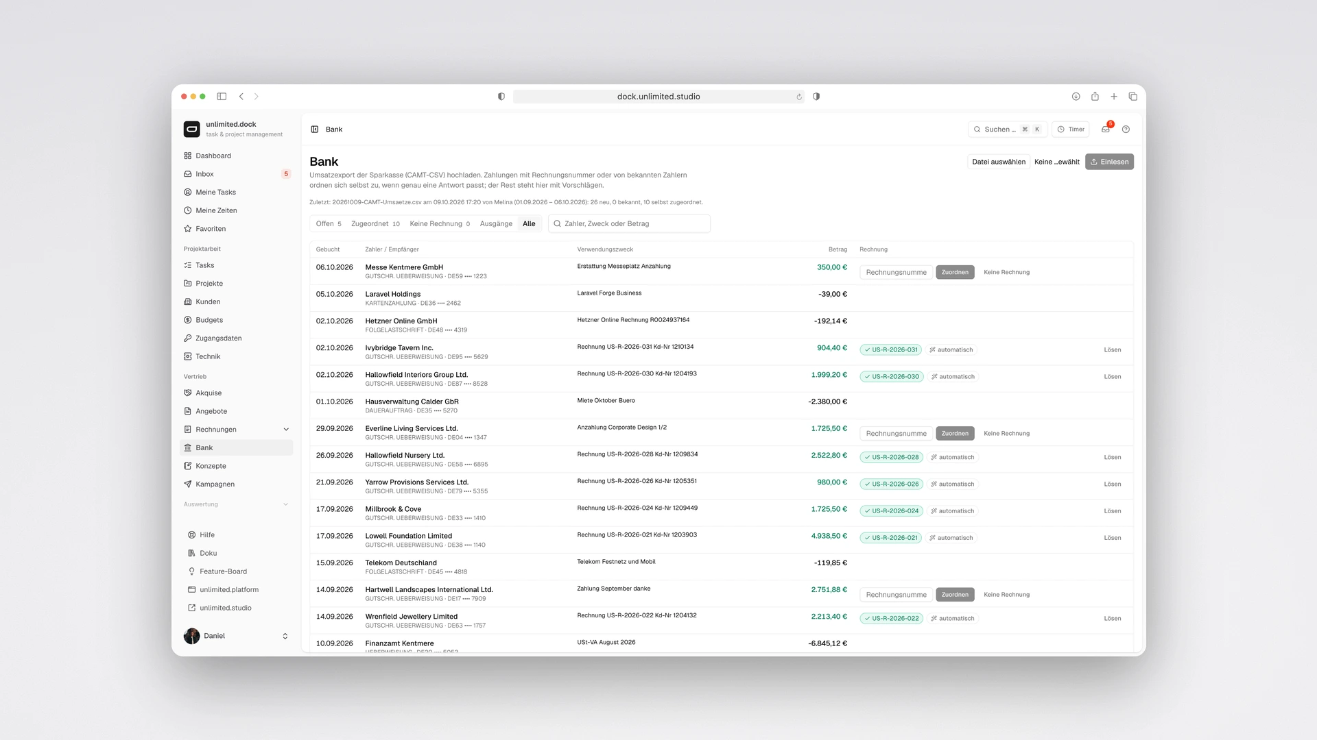 unlimited.dock - Bank Import with Automatically Matched Payments