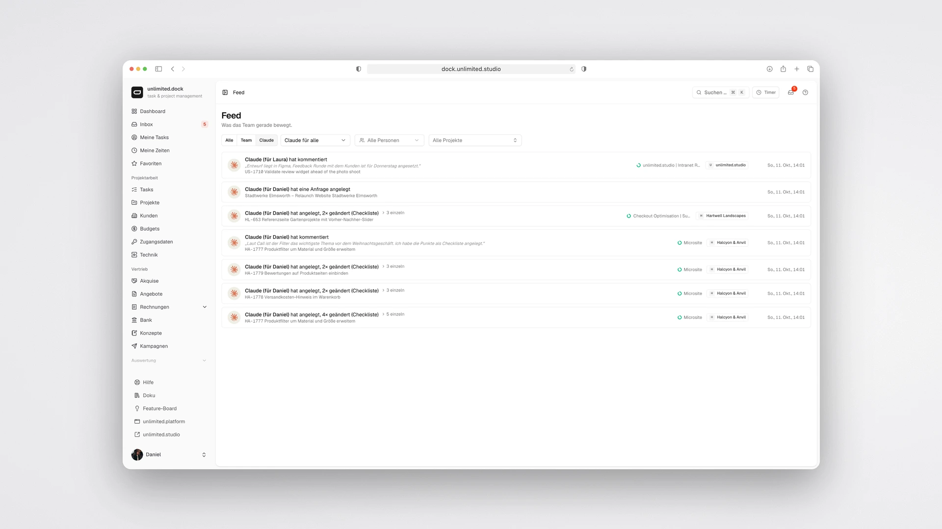 unlimited.dock - Feed Filtered to Changes Made by Claude