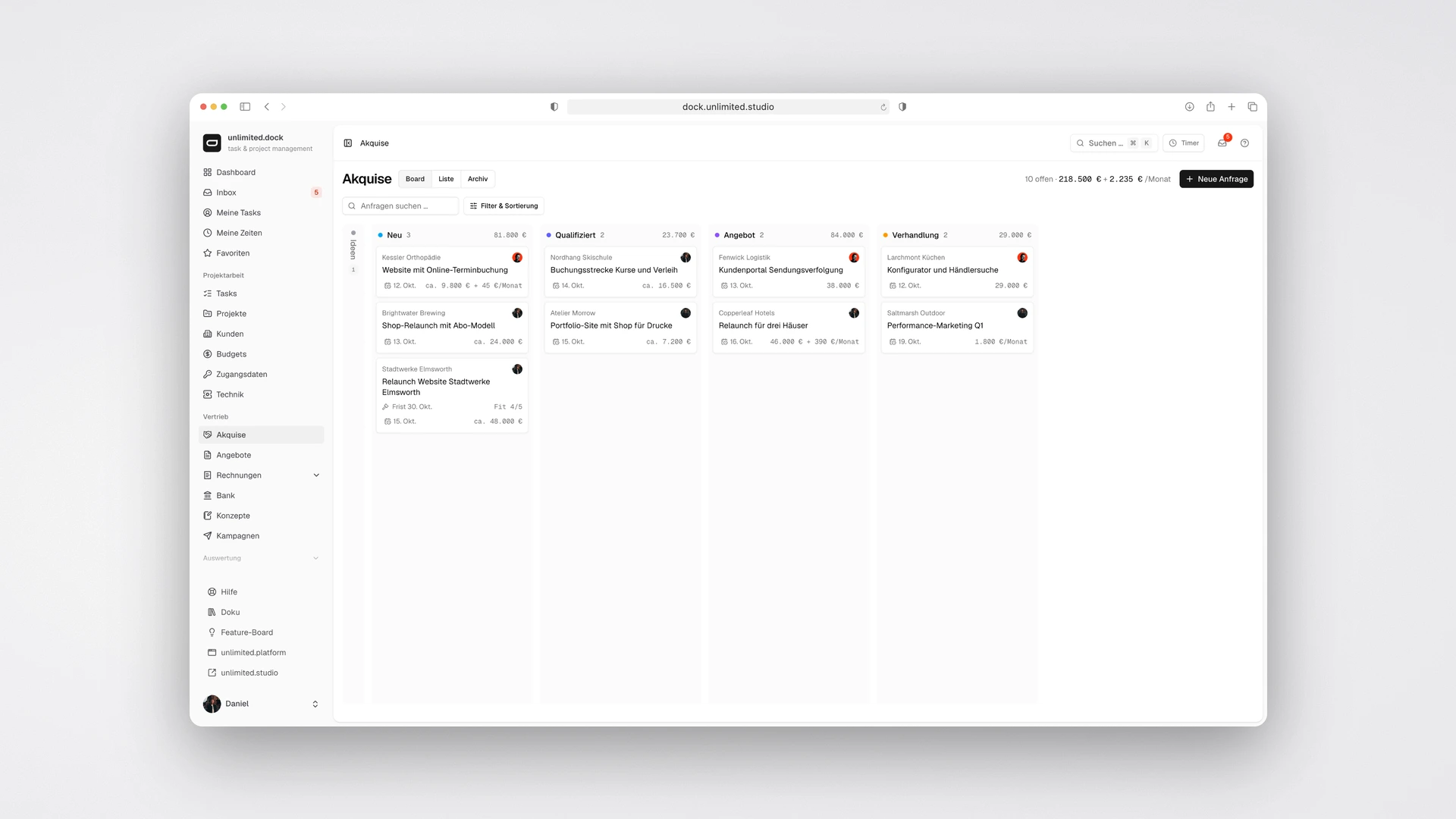 unlimited.dock - Sales Pipeline Board from New Inquiry to Negotiation