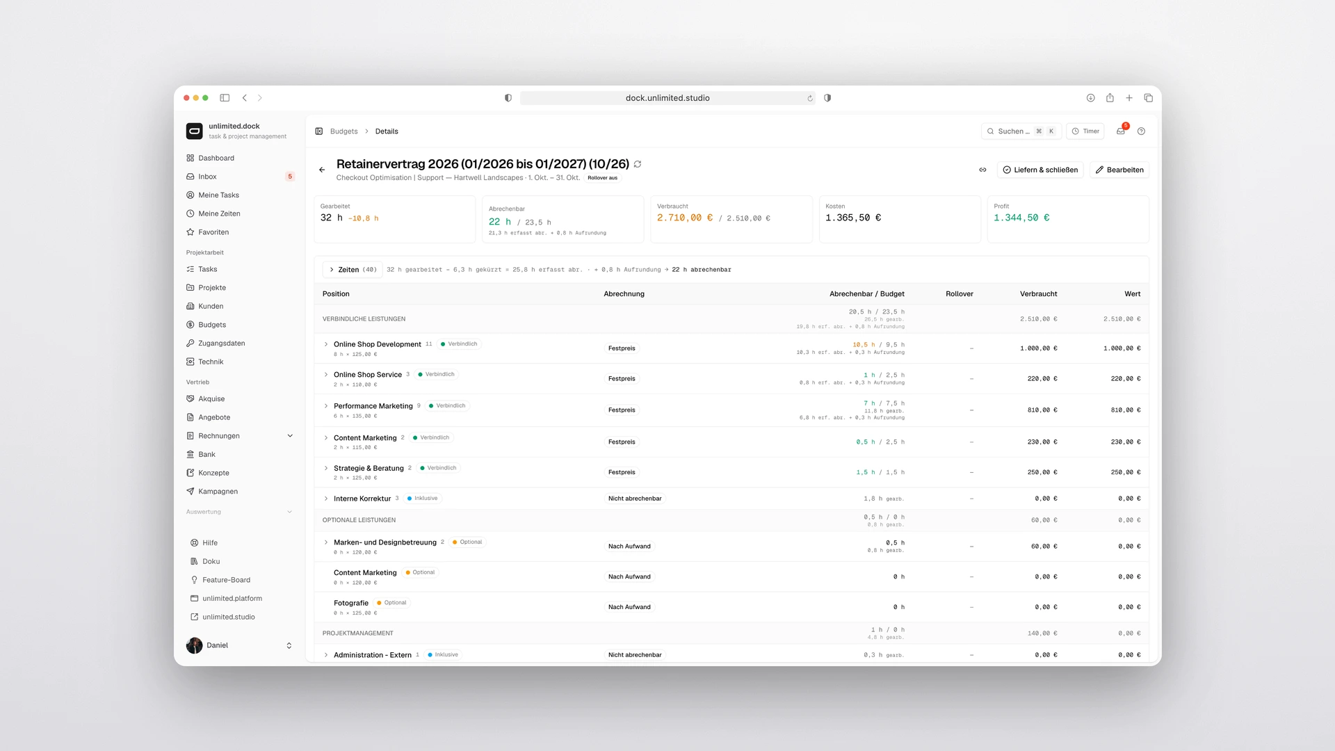 unlimited.dock - Budget Detail with Budget Lines, Hours and Values