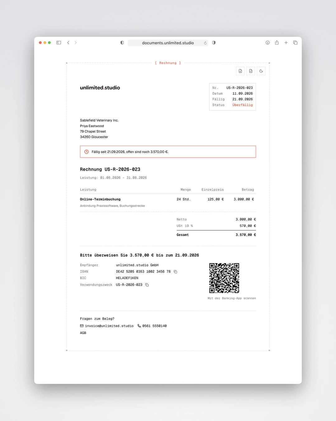 unlimited.dock - Client Invoice Page with Overdue Notice and GiroCode