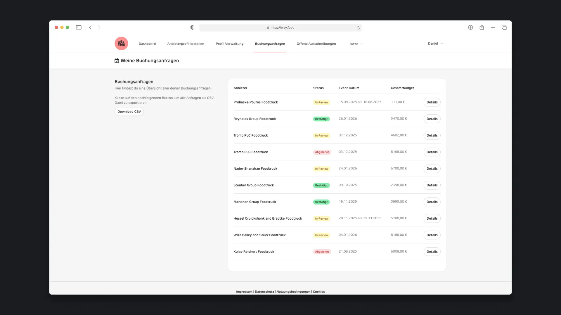 way.food - Desktop Provider Booking Requests Management