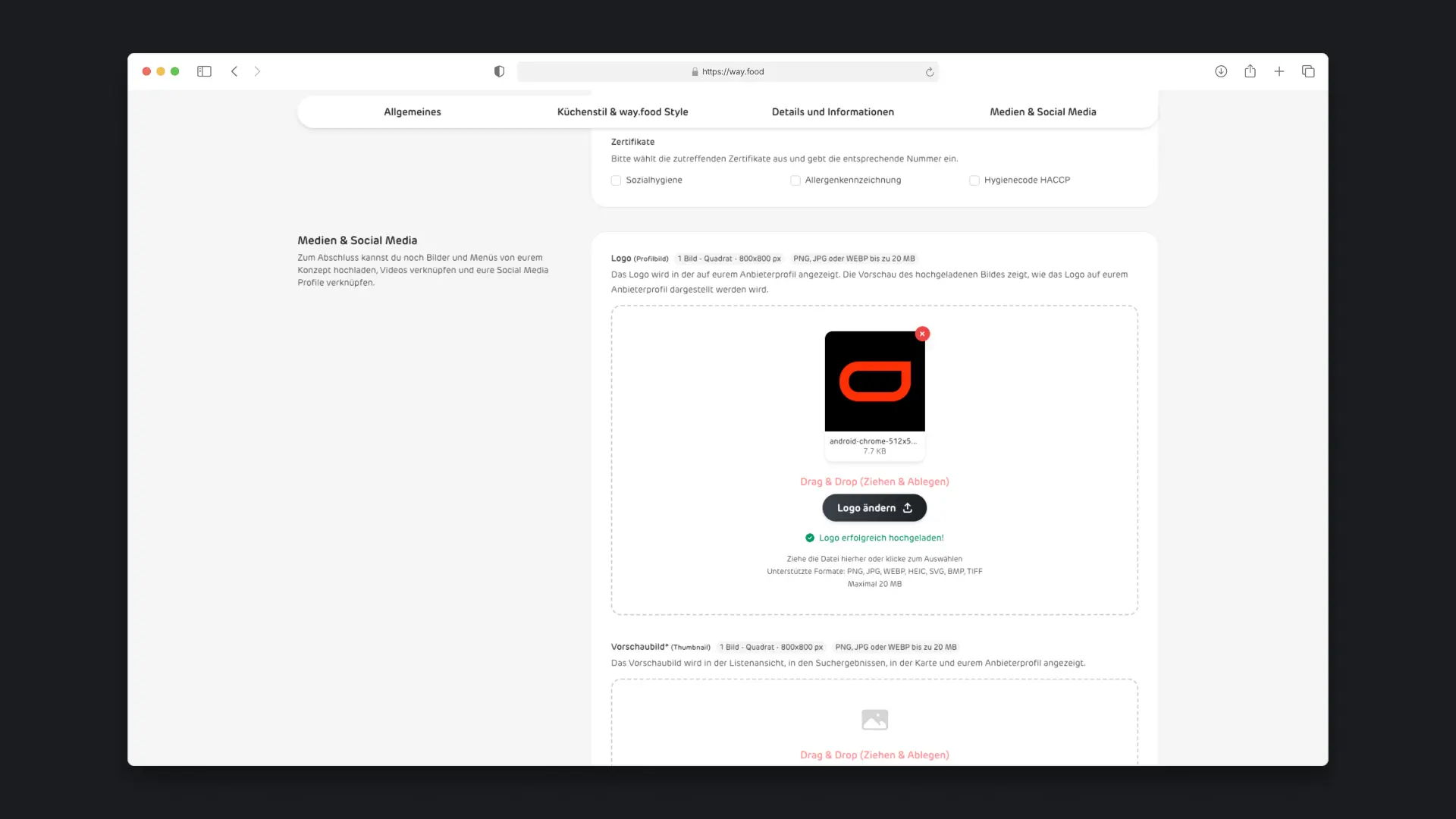 way.food - Desktop Provider Signup Image Upload