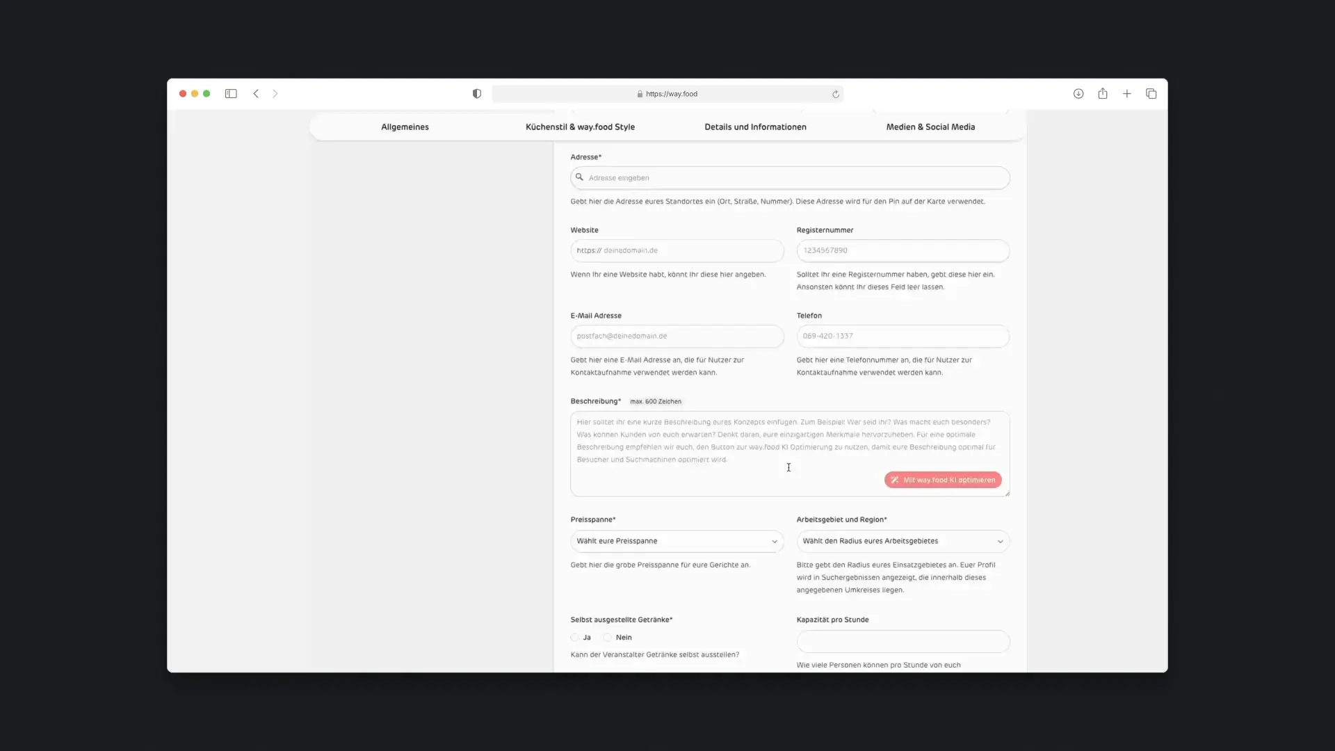 way.food - Desktop Provider Signup AI Description Generation