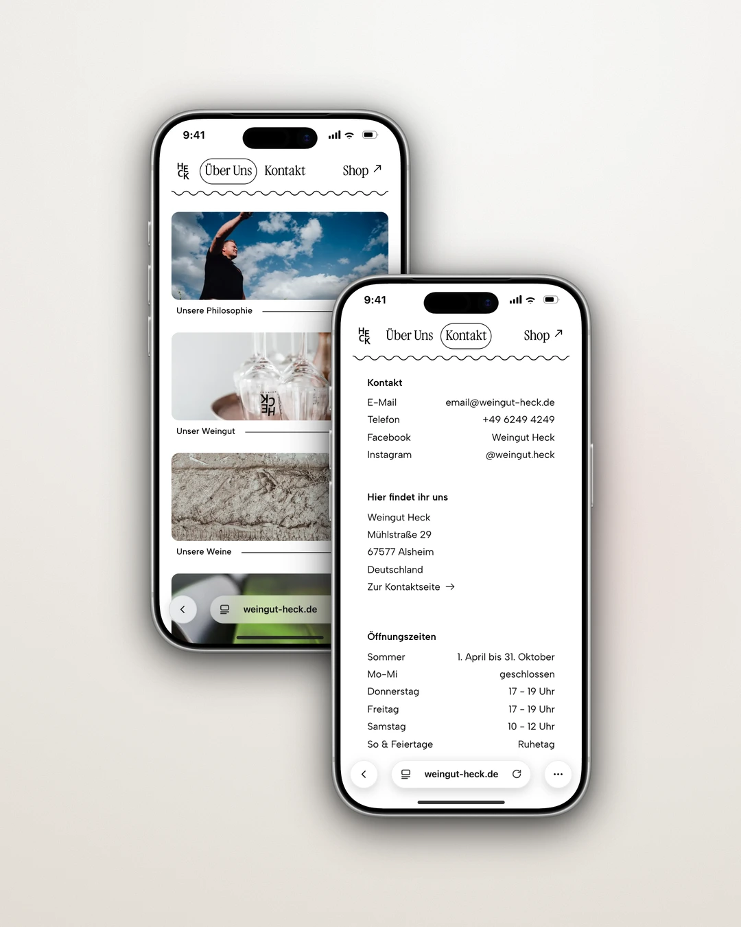 Weingut Heck - Mobile Menu and Contact Panel with Opening Hours