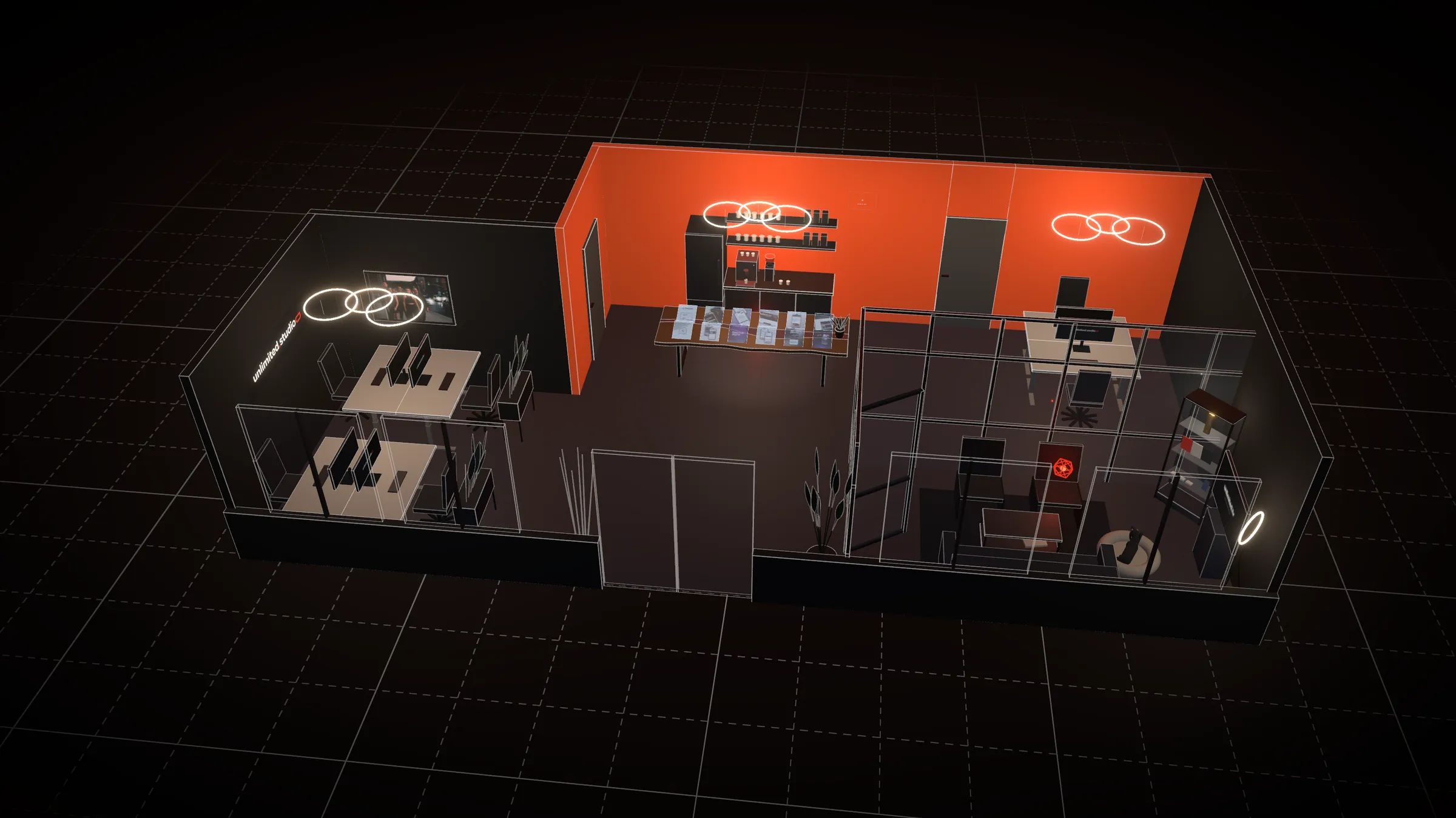 The unlimited.studio office as a 3D model from above: orange wall with kitchenette, resin table with case study holograms, desks and meeting room.